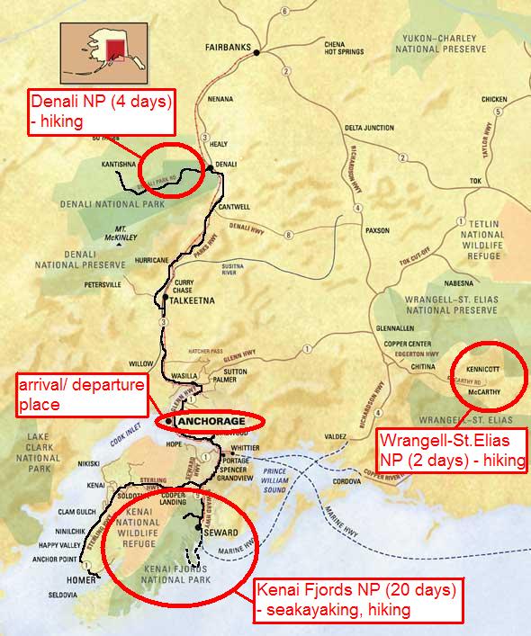 Mapa Aljaška - Hlavní oblasti naší výpravy
