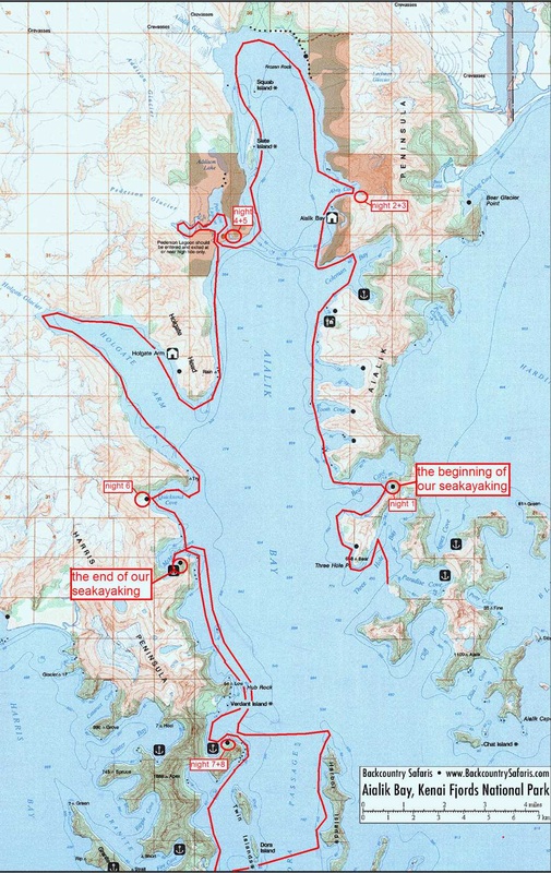Mapa Aljaška - Trasa našeho kajakování v Aialik Bay, Kenai Fjords NP